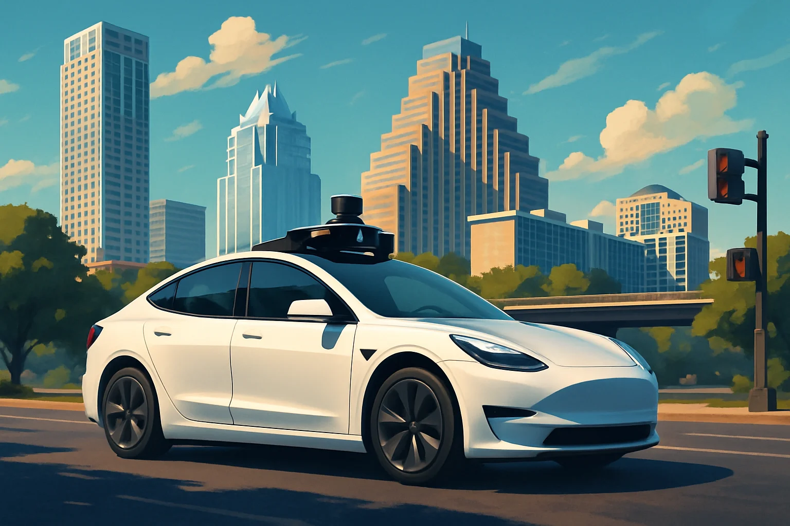 Роботакси Tesla без водителя, движущееся по улицам Остина, демонстрирующее автономное вождение.