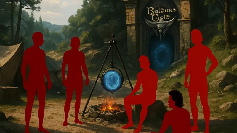 Скриншот Baldur's Gate 3 с четырьмя обнажёнными Гейлами в лагере после активации бага "машины времени" в игре.