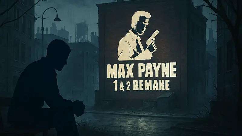 Логотип Max Payne 1 и 2 Remake на темном фоне, символизирующий долгие ожидания от Remedy.