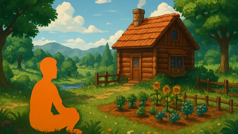 Кадр из игры Stardew Valley с фермой и персонажем, наслаждающимся природой.