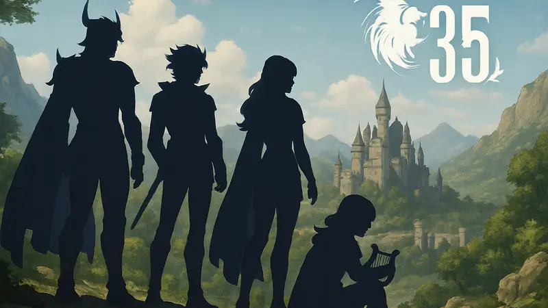 Классическая обложка Final Fantasy 4, изображающая главных героев и логотип 35-летия.