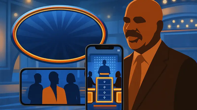Стив Харви в костюме на фоне логотипа Family Feud Pocket, скриншот мобильной игры
