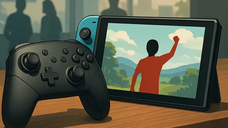 Беспроводной контроллер PowerA для Nintendo Switch, стилизованный под Pro Controller, лежащий рядом с консолью.