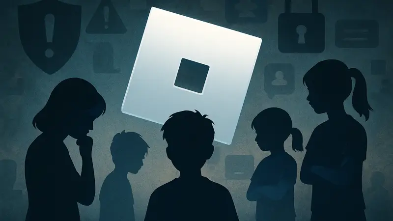 Логотип Roblox на фоне схематических изображений детей, символизирующий вопросы безопасности и регулирования.