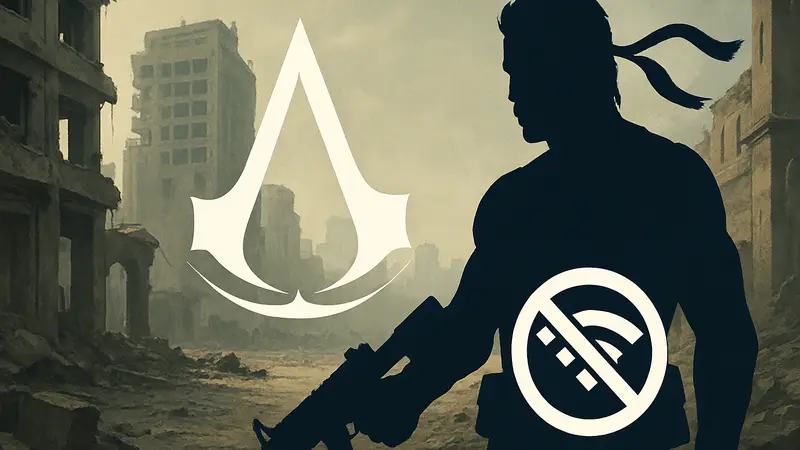 Снейк из Metal Gear Solid 4 на PlayStation 5, рядом с символикой Assassin's Creed и значком отсутствия онлайна.
