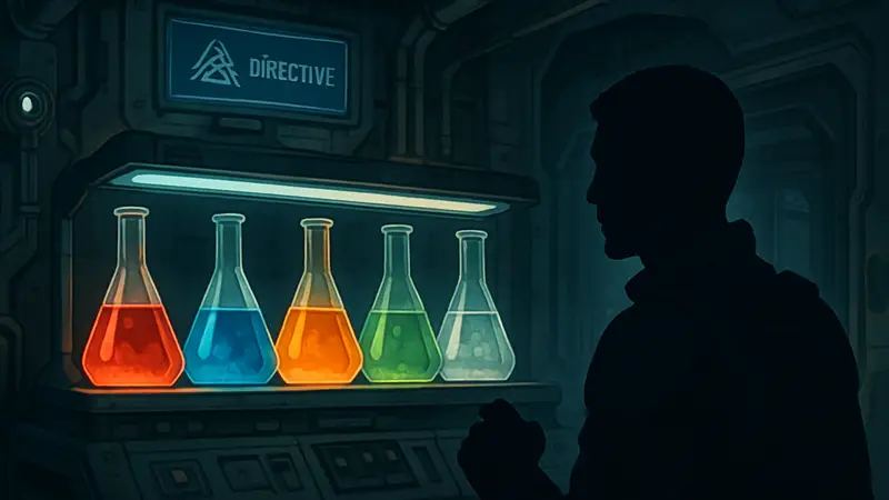 Скриншот из игры Directive 8020, демонстрирующий химические реагенты в колбах