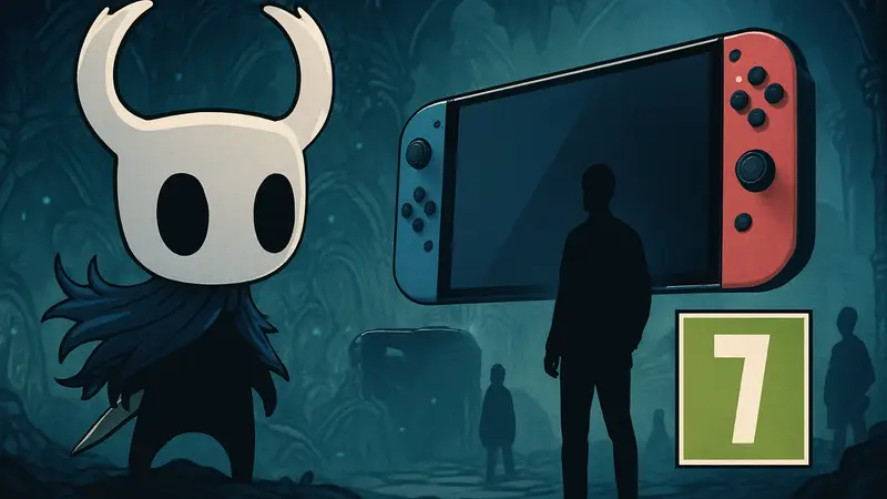 Логотип Hollow Knight и консоль Nintendo Switch 2 на фоне рейтинга PEGI, анонс релиза.
