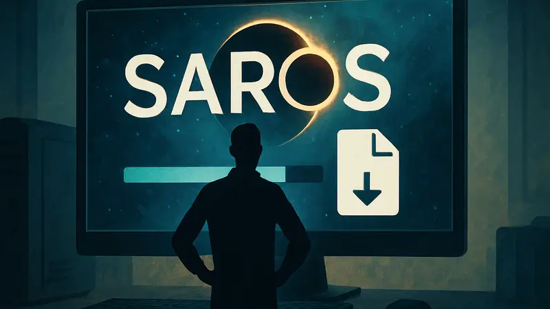 Логотип игры Saros на фоне индикатора загрузки и большого размера файла