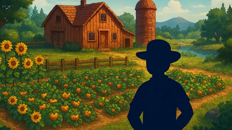 Игровой скриншот Stardew Valley с фермой, урожаем и персонажем на фоне.