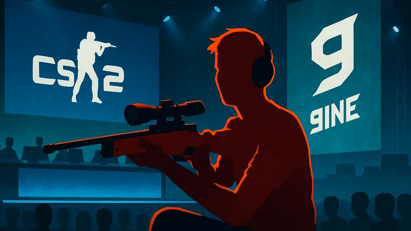 Игрок Shield с AWP на киберспортивном турнире CS2, подтверждение подписания 9INE.