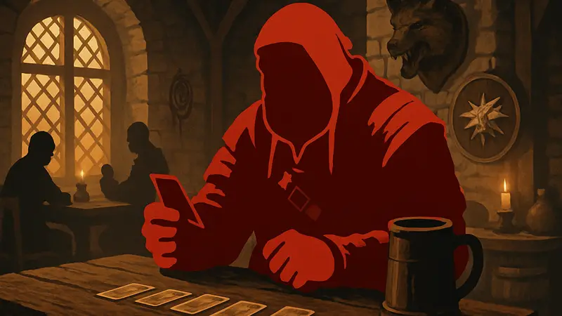 Косплеер Винсент Винтермьют в образе Кровавого Барона из Ведьмака 3, играющий в Гвинт