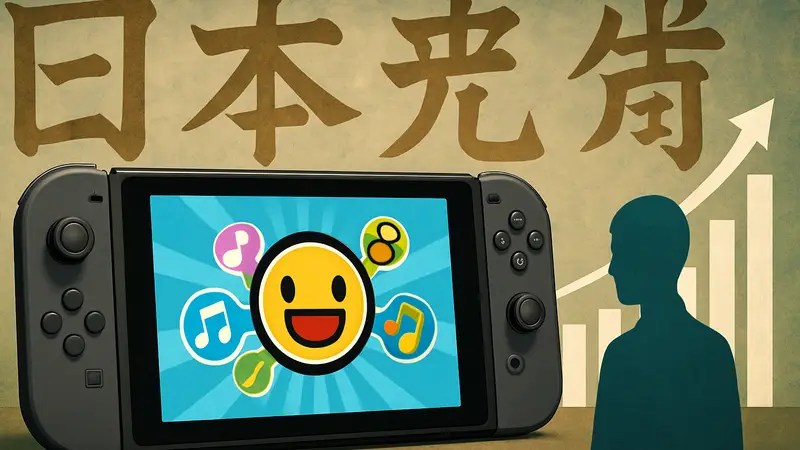 Консоль Nintendo Switch 2 на фоне японских иероглифов и графика продаж