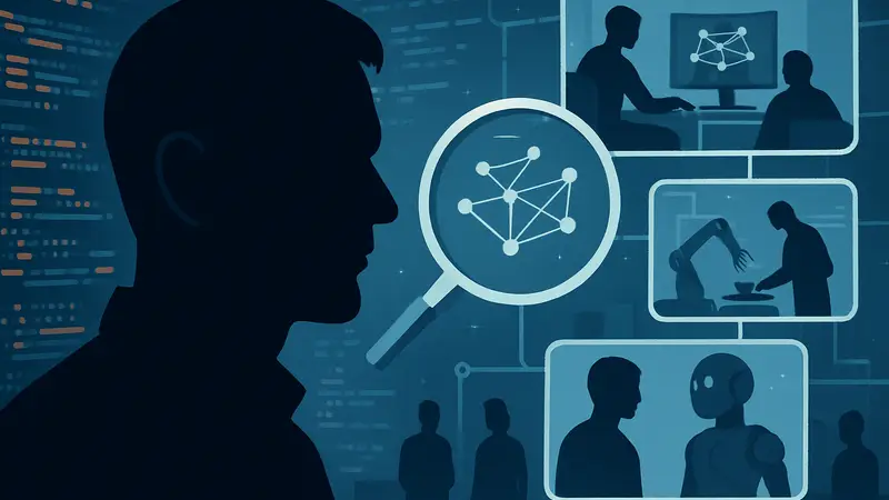 Изображение Андрея Карпатого, символизирующее проект autoresearch, с элементами кода и ИИ-экспериментов на фоне.
