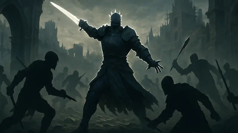 Изображение могущественного героя в стиле Soulslike игры, побеждающего множество врагов
