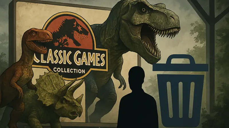Классические динозавры из Jurassic Park на фоне обложки Classic Games Collection. Удаление игр из магазинов.