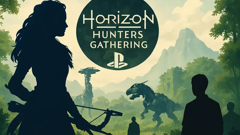 Логотип Horizon Hunters Gathering с Элой, роботами-динозаврами и символикой Sony.