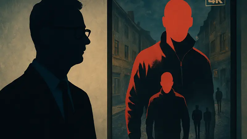 Режиссер Николас Виндинг Рефн на фоне постера фильма «Дилер» в 4K.