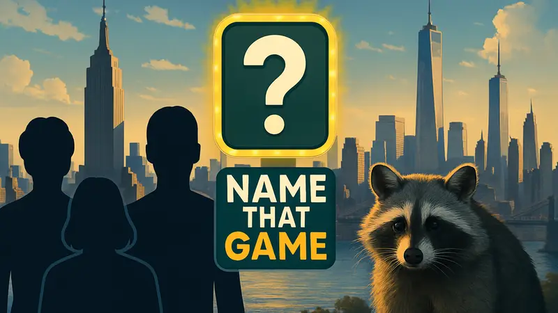 Викторина Name That Game с игровыми подсказками на фоне Манхэттена и енота