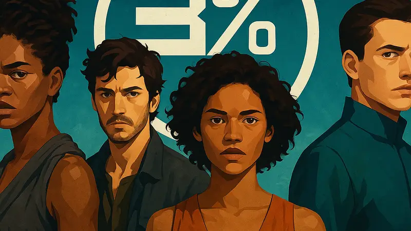 Постер сериала "3%" с изображением главных героев и символикой "Прибрежья" или деления на 3%.