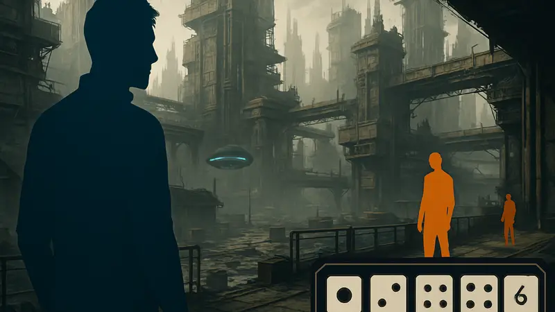 Скриншот из игры Celestial Return, показывающий футуристический дистопический город и элементы интерфейса с кубиками.