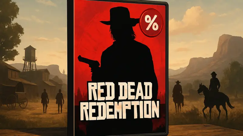Обложка Red Dead Redemption на физическом носителе со значком скидки