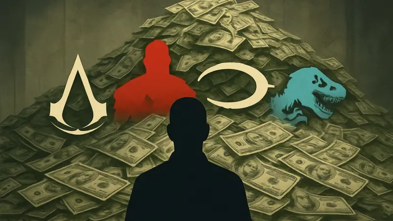 Куча долларов и логотипы игр, символизирующие огромные бюджеты современных AAA-игр.
