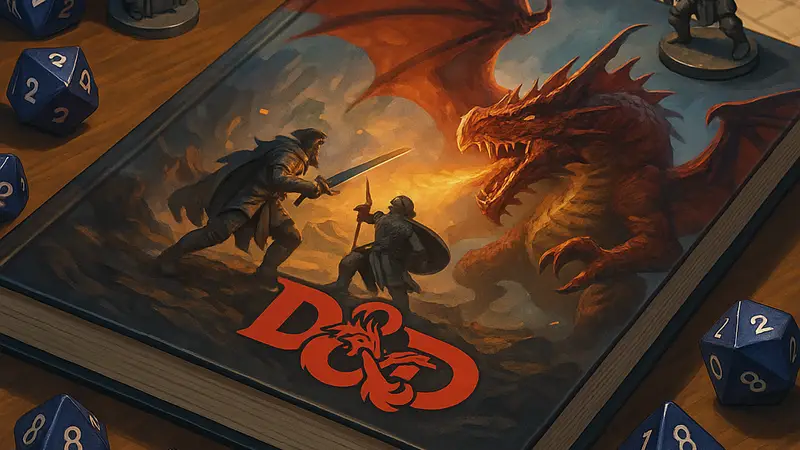 Книга правил или модуль приключения Dungeons & Dragons 5e на столе игрока, рядом кости и миниатюры.