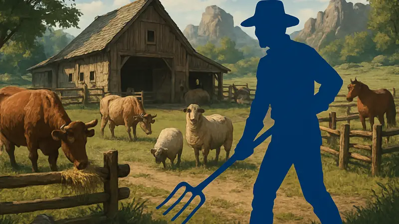 Изображение ранчо в игре Crimson Desert с животными и игроком, занимающимся фермерством.