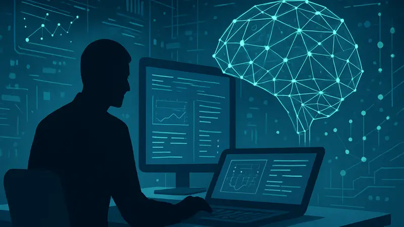 Визуализация AI агента, работающего с данными и терминалом, абстрактная графика искусственного интеллекта