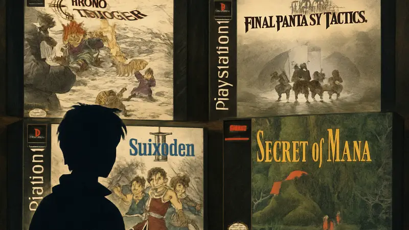 Изображение нескольких обложек культовых RPG для PlayStation 1 и SNES, демонстрирующих разнообразие жанра.
