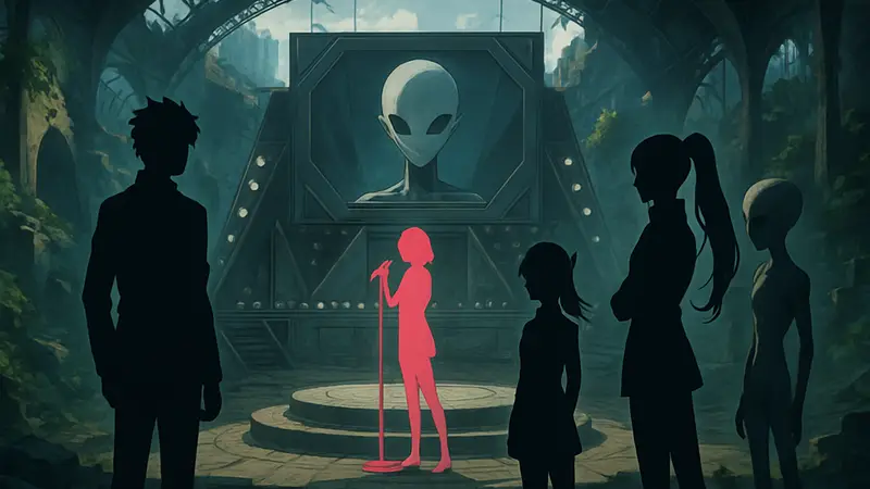 Обложка аниме-адаптации Alien Stage с главными героями и названием проекта