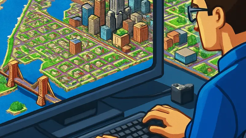 Стилизованная карта Нью-Йорка, выполненная в пиксельном стиле SimCity, созданная инженером с помощью ИИ.
