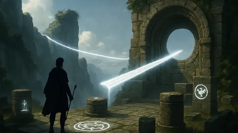 Скриншот из Crimson Desert с изображением небесного моста и элементов головоломки