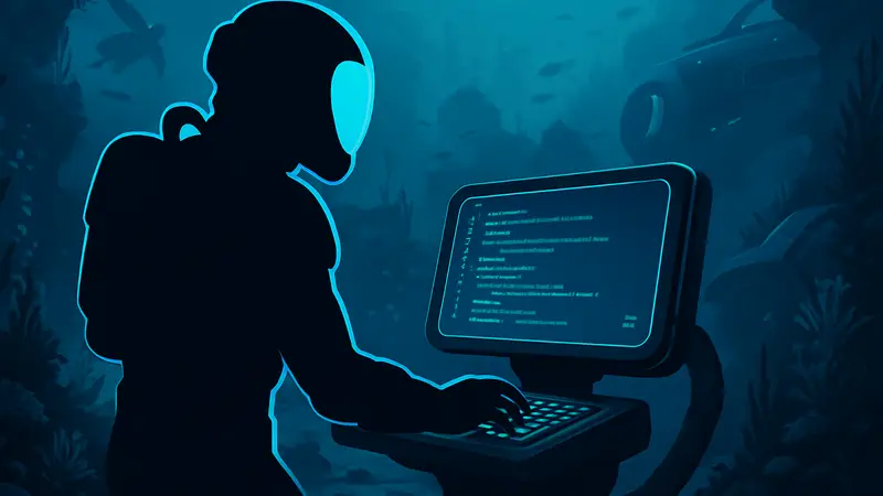 Игрок Subnautica 2 использует консоль команд под водой в футуристическом скафандре.