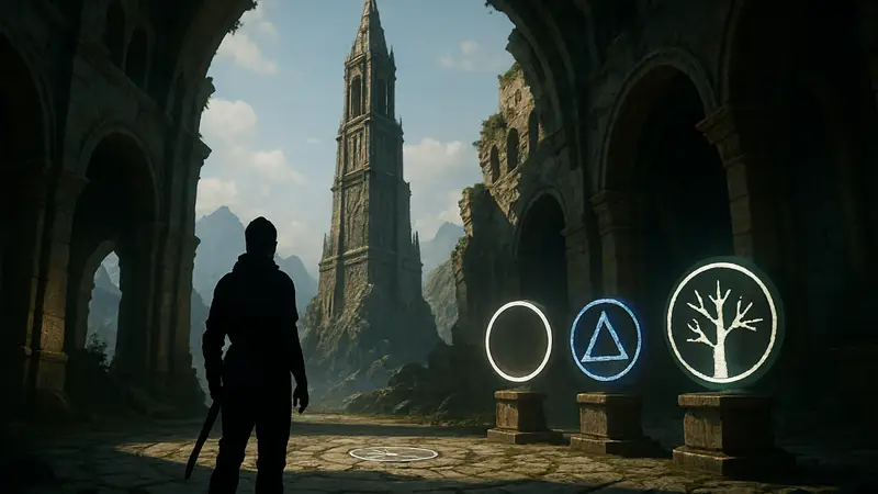 Изображение Шпиля Прозрения в игре Crimson Desert с подсказками по решению головоломки.