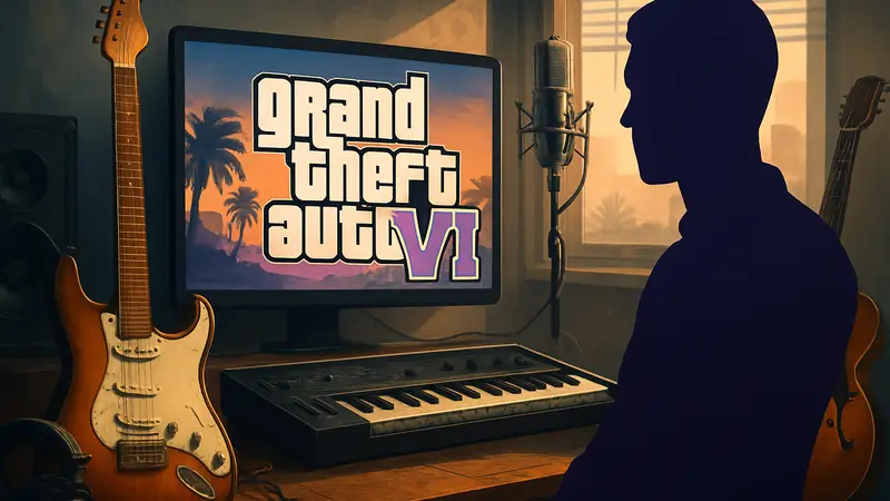 Обложка GTA 6 с логотипом и музыкальными инструментами, символизирующая утечку саундтрека
