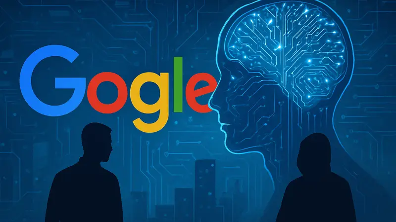 Логотип Google на фоне стилизованного изображения искусственного интеллекта