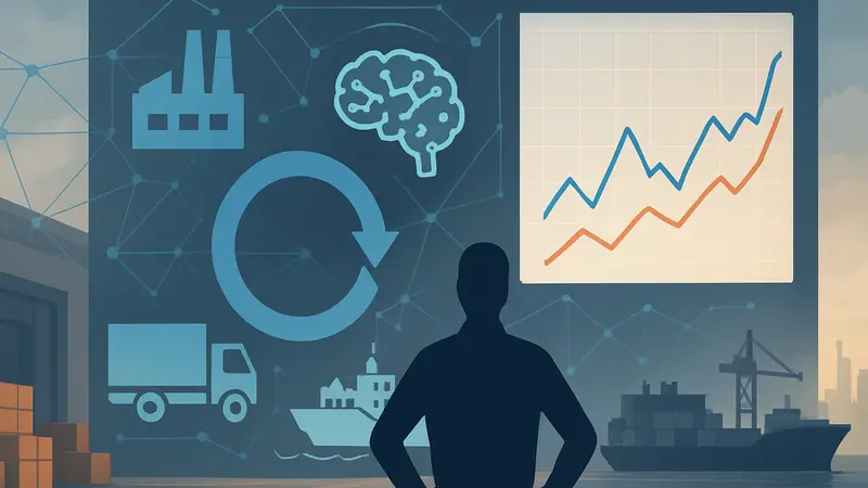 Схематическое изображение цепочки поставок с элементами ИИ и графиками, символизирующими прогнозирование.