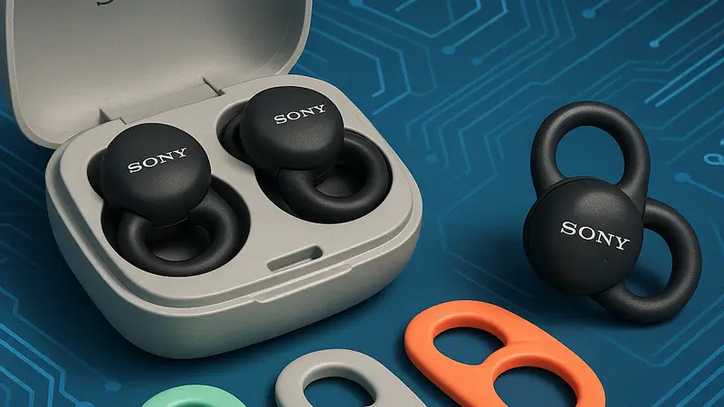 Беспроводные наушники-клипсы Sony LinkBuds Clip в кейсе с разноцветными накладками на технологичном фоне.