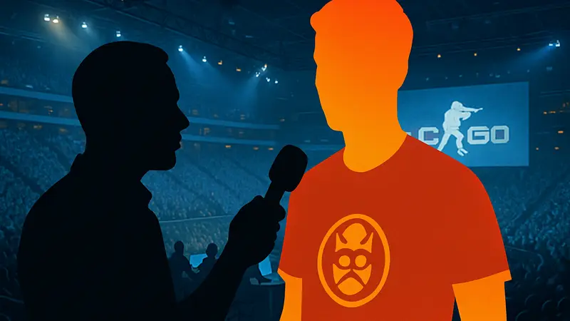 Киберспортсмен Spinx из команды ENCE даёт интервью после матча по CS2, фон - игровая арена.