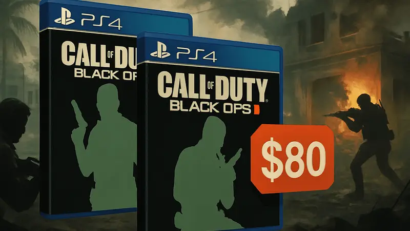 Изображение Call of Duty Black Ops 1 и 2 на PlayStation с ценником $80, на фоне игрового процесса.