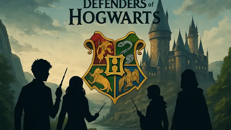 Иллюстрация к настольной игре Defenders of Hogwarts по вселенной Гарри Поттера с символикой Хогвартса.