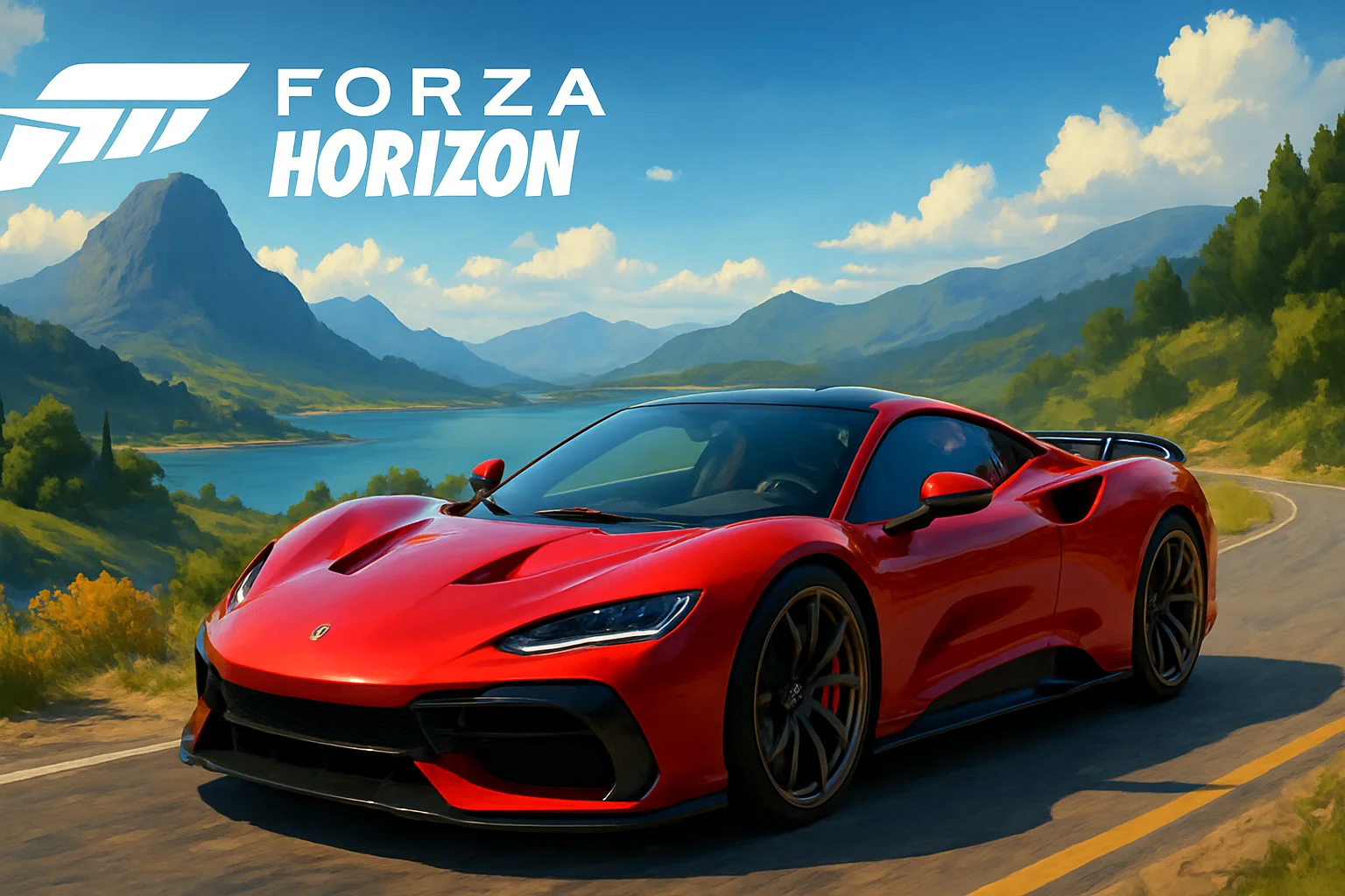 Красивый гоночный автомобиль из Forza Horizon 6 на фоне живописного пейзажа.