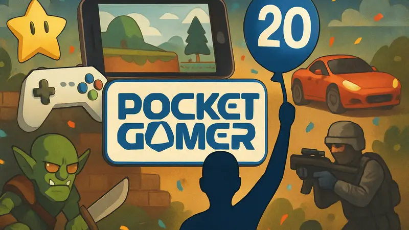 Логотип Pocket Gamer на фоне элементов мобильных игр, празднование 20-летия