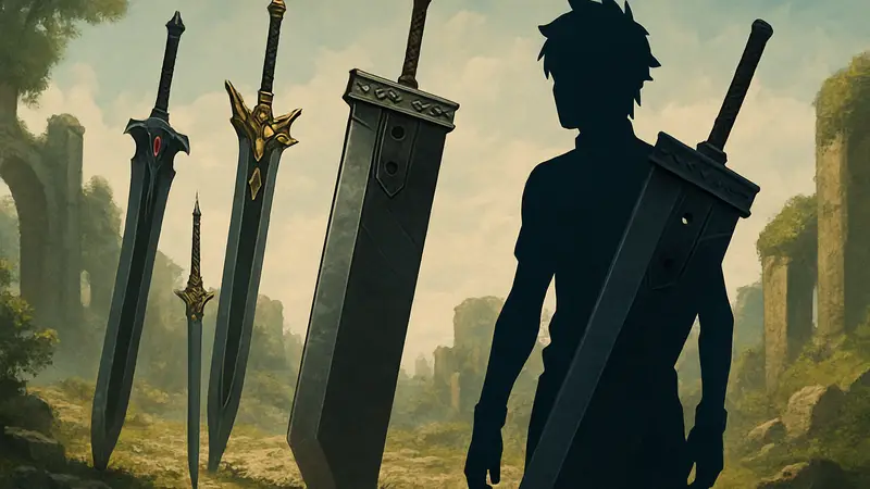 Изображение знаковых мечей из серии Final Fantasy, включая Buster Sword.