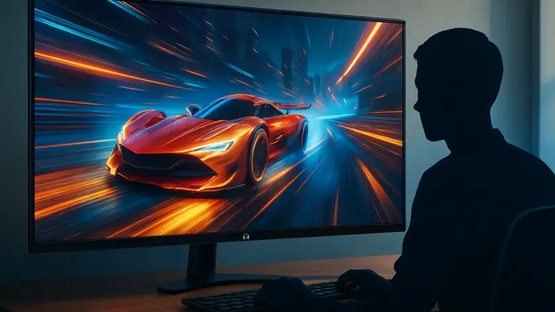 Игровой OLED-монитор LG 39 дюймов, показывающий быструю игровую сцену с яркими цветами