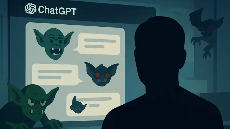 Визуализация странных сообщений ChatGPT с упоминанием гоблинов и гремлинов на фоне интерфейса ИИ.