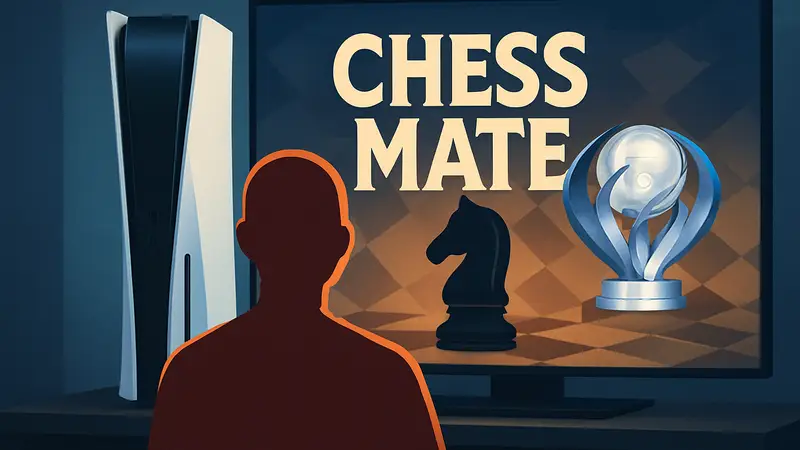 Изображение логотипа игры Chess Mate на фоне консоли PlayStation 5 с платиновым трофеем.