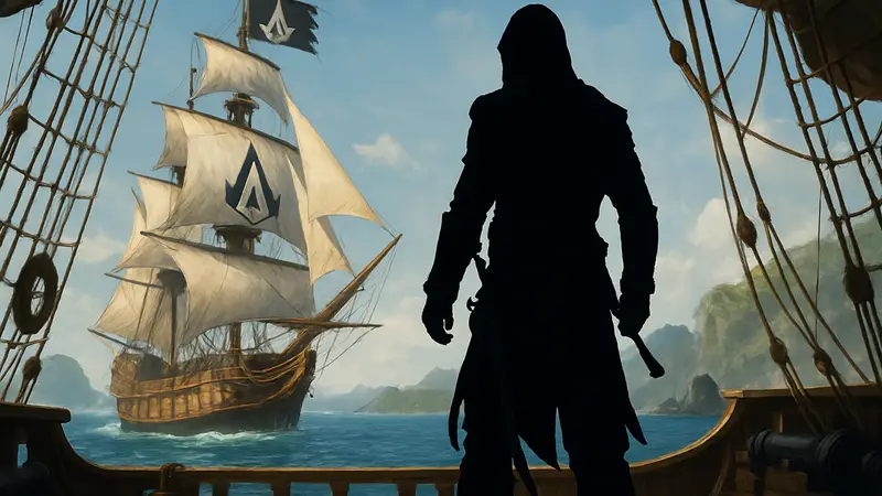 Эдвард Кенуэй стоит на палубе своего корабля, на фоне ремейка Assassin's Creed Black Flag