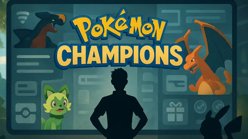 Логотип Pokémon Champions с покемонами и элементами интерфейса.